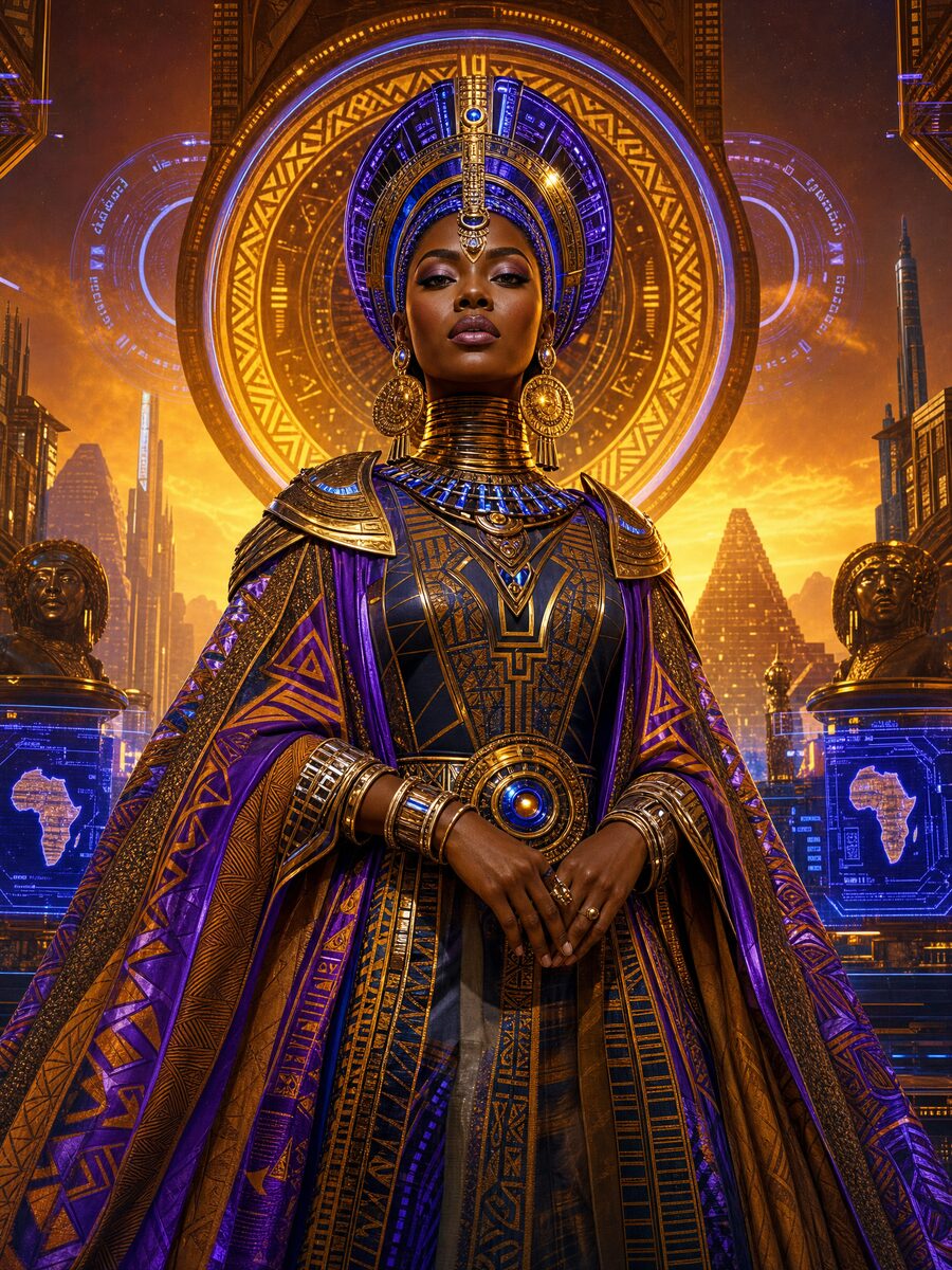Afrofuturism art style example showing Vibrant Afrocentric sci-fi with luminous colors and ornate detail
