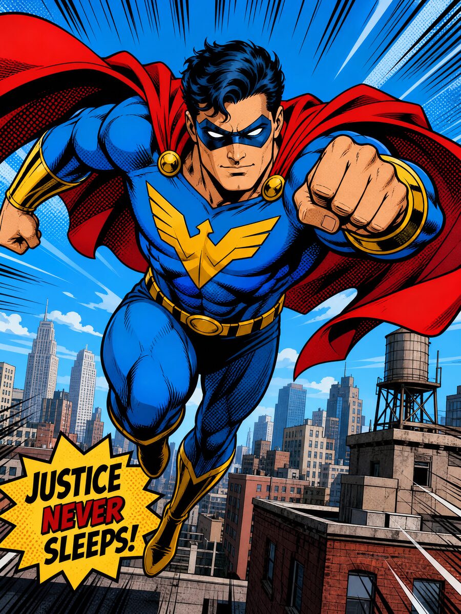 Comic Book art style example showing Bold ink outlines, cel shading, and vivid saturated colors