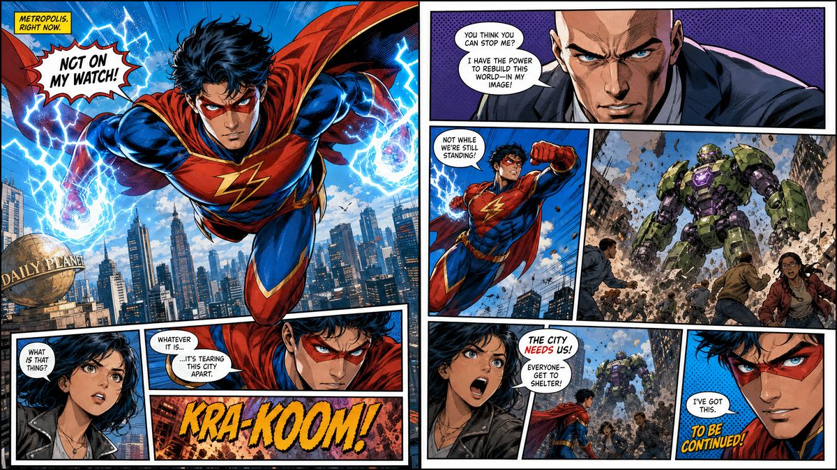 Graphic novel page spread showcasing vibrant comic book panels with action scenes and dialogue