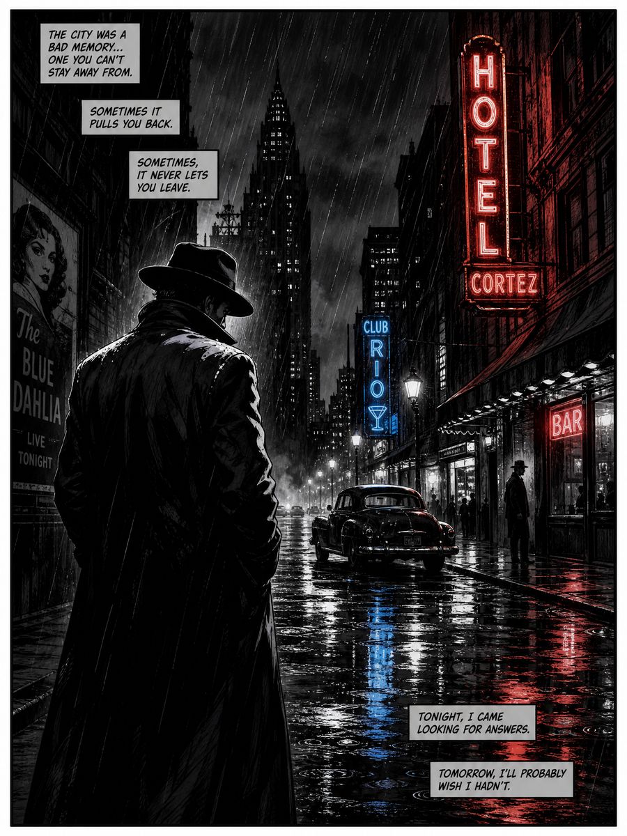 Film Noir art style example showing Dramatic shadows, high contrast, and moody atmospheres